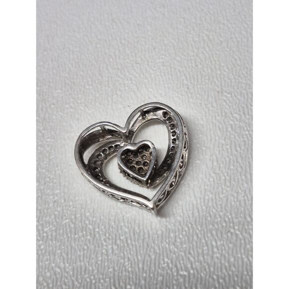 VTG Sterling Silver Faux Diamonds Inlay Double Heart Pendant - Picture 2 of 4